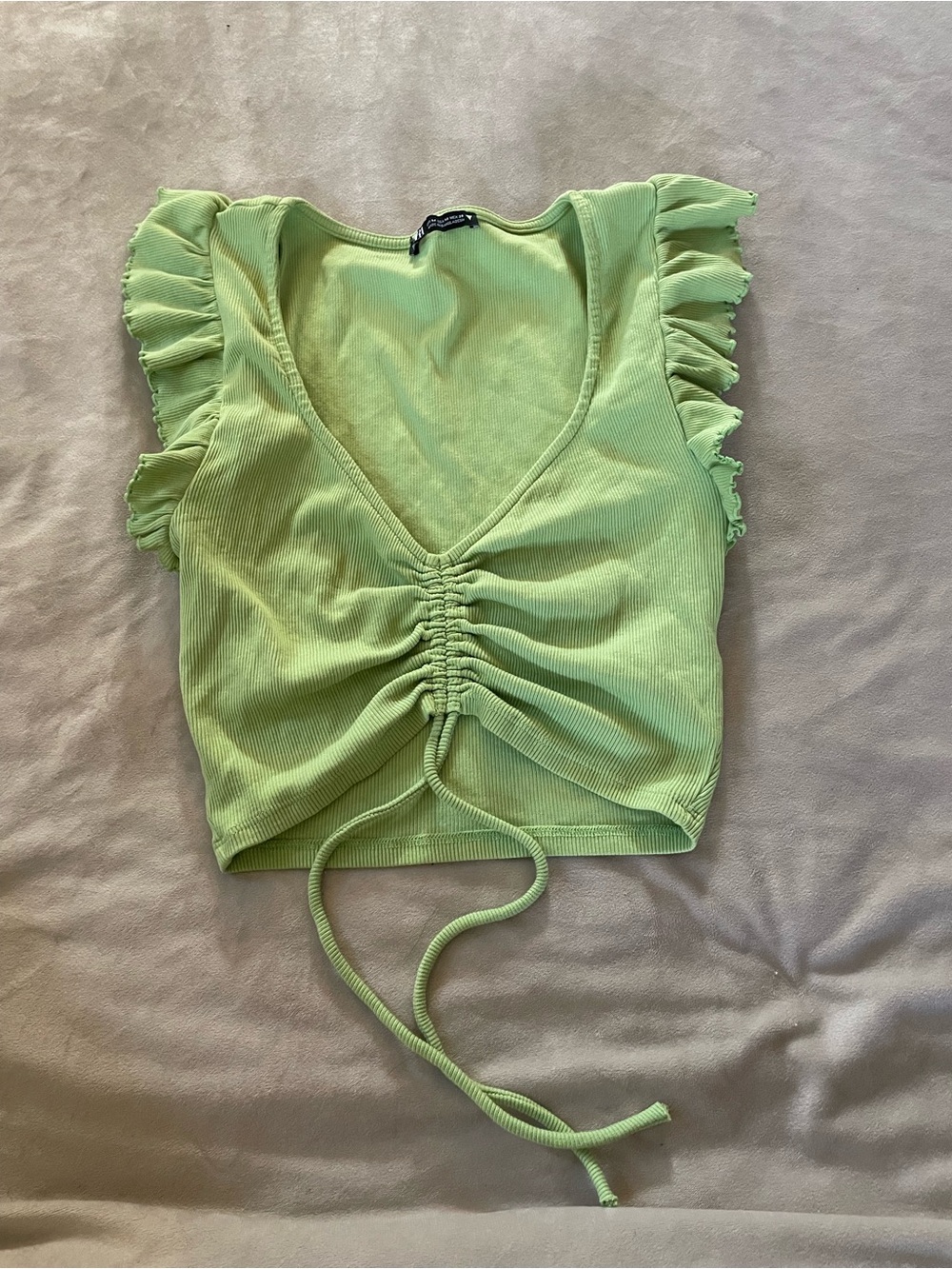 Zara Lime Green Ribbed Ruched V-Neck Crop Top with Ruffle Sleeves